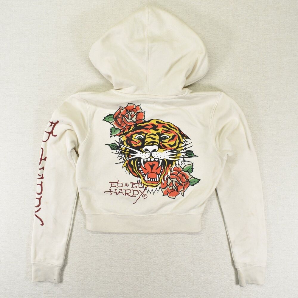 Ed Hardy Womens M Cream Cropped Full Zip Hoodie Tiger Rose Graphic Y2K Tattoo